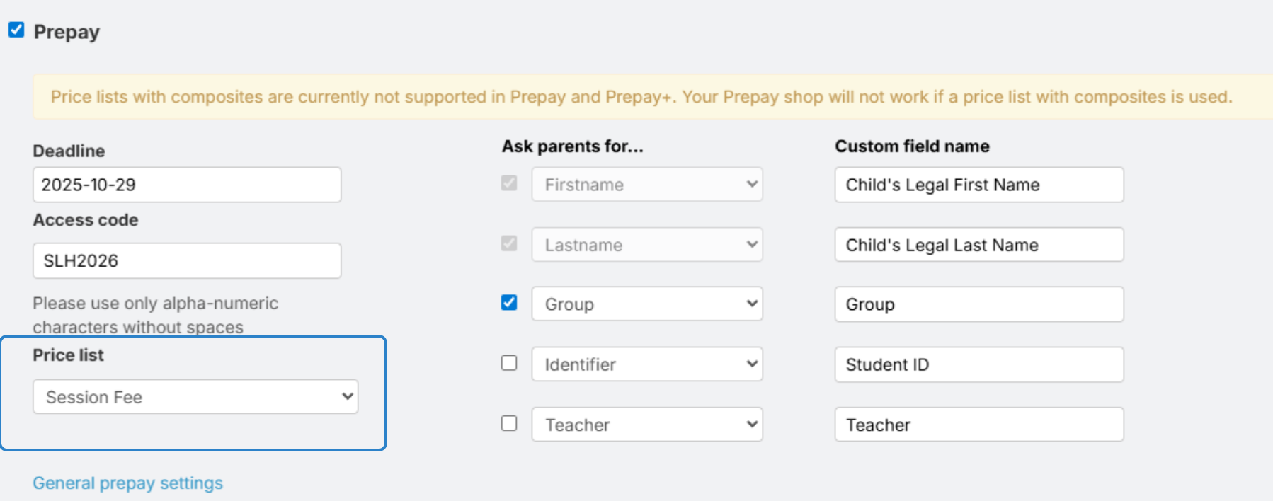 Important Events setup with prepay enabled, deadline set, access code 'Cycle', and custom fields for student name, grade, and ID.