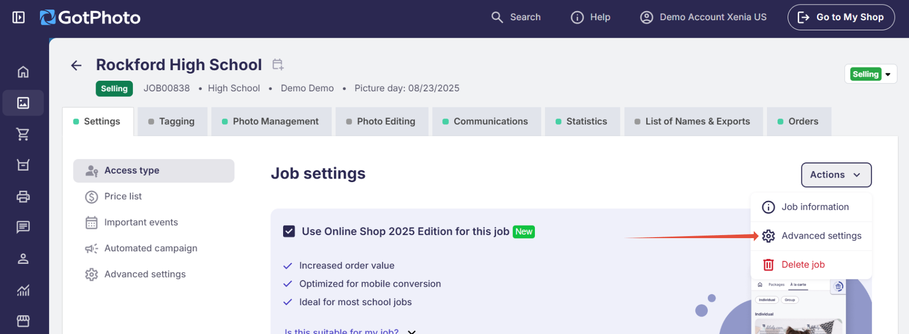 Photo job settings with 'Access code for each person' selected and 'Advanced Job Settings' option highlighted in Actions menu.