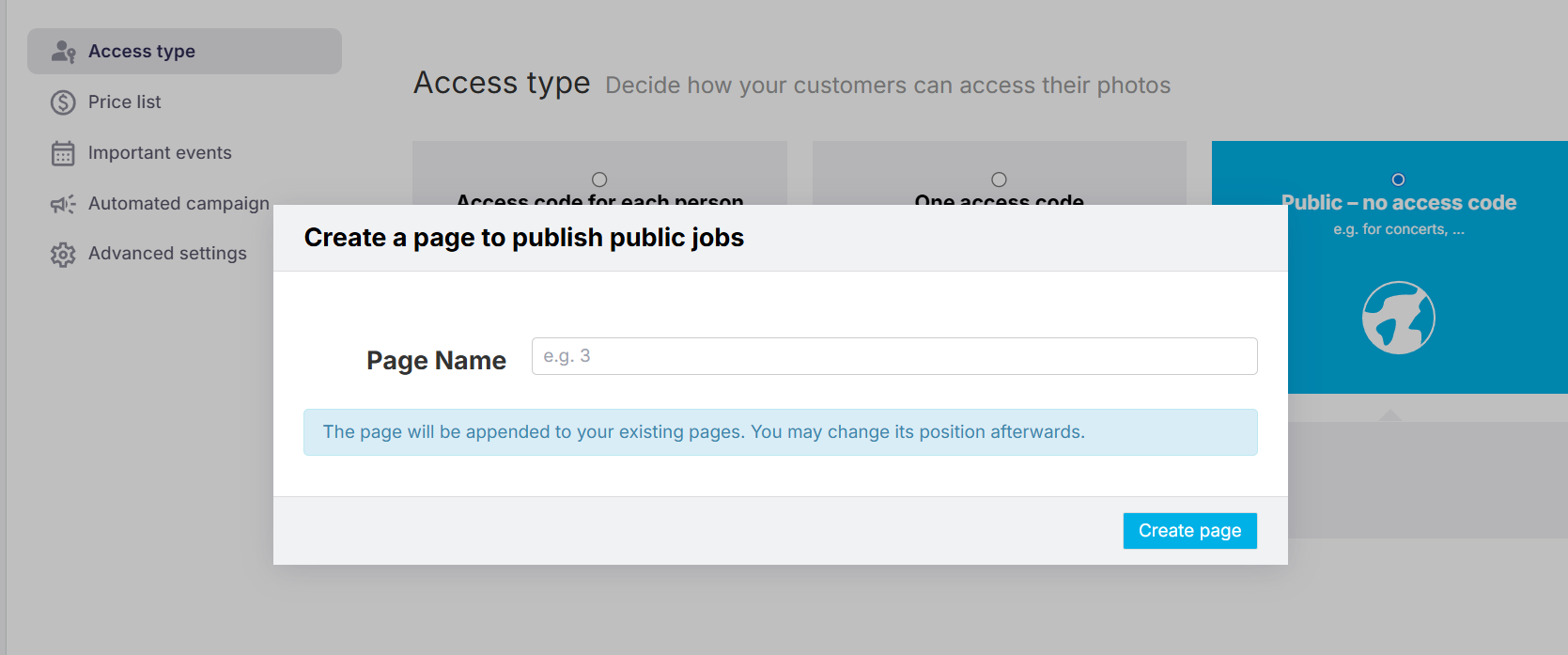 Popup to create a public job page titled 'Pawparazzi Awards' with 'Create page' button highlighted. 