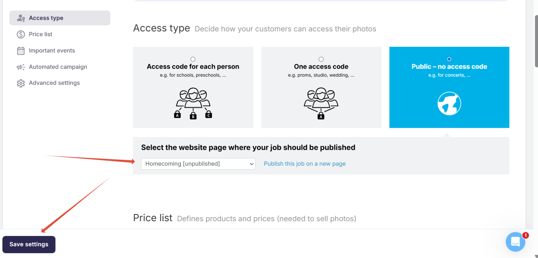 Job setup with 'Public – no access code' selected and 'Pawparazzi Awards' page assigned before saving settings.