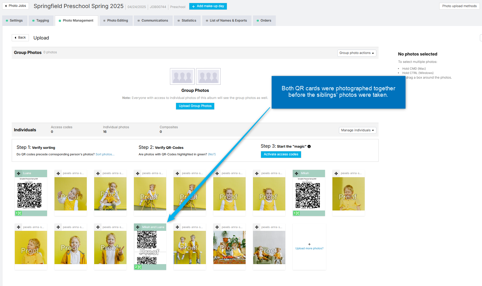 Process of photographing and tagging access cards before buddy photo.