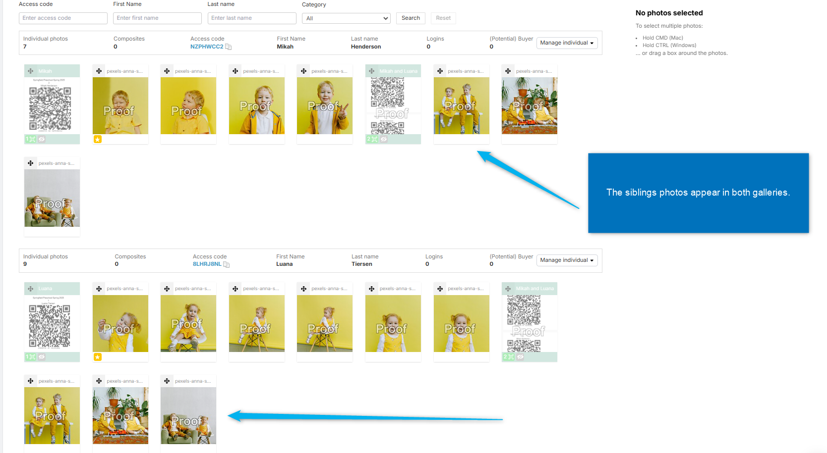 Example showing buddy photos in both individual galleries.