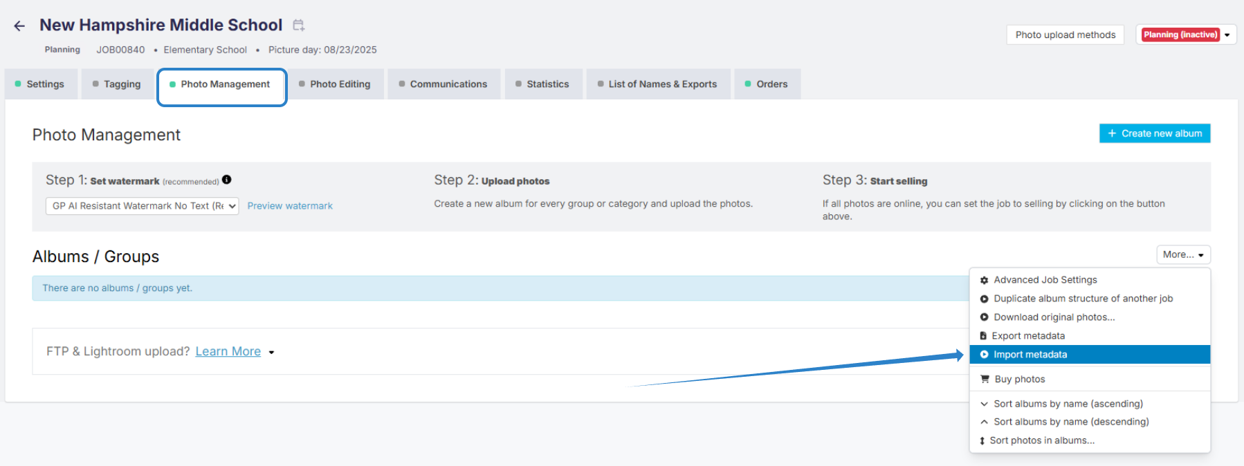 More menu with Import metadata