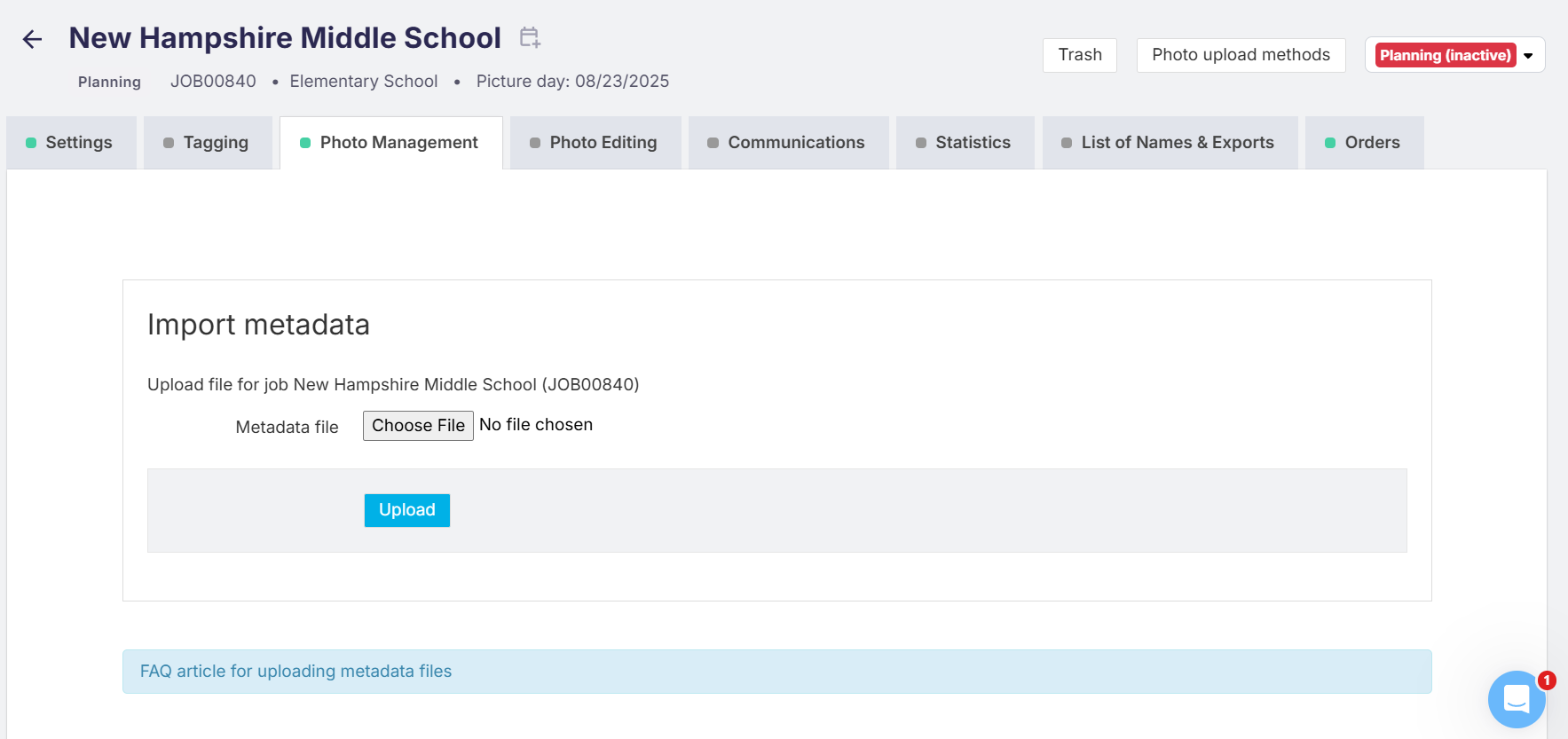 CSV upload interface
