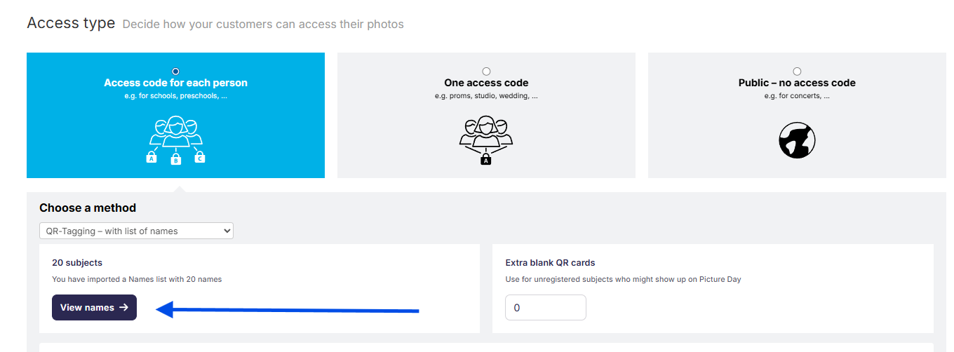 A screenshot showing the 'Manage names' link and 'Student data export' option within a photo job.