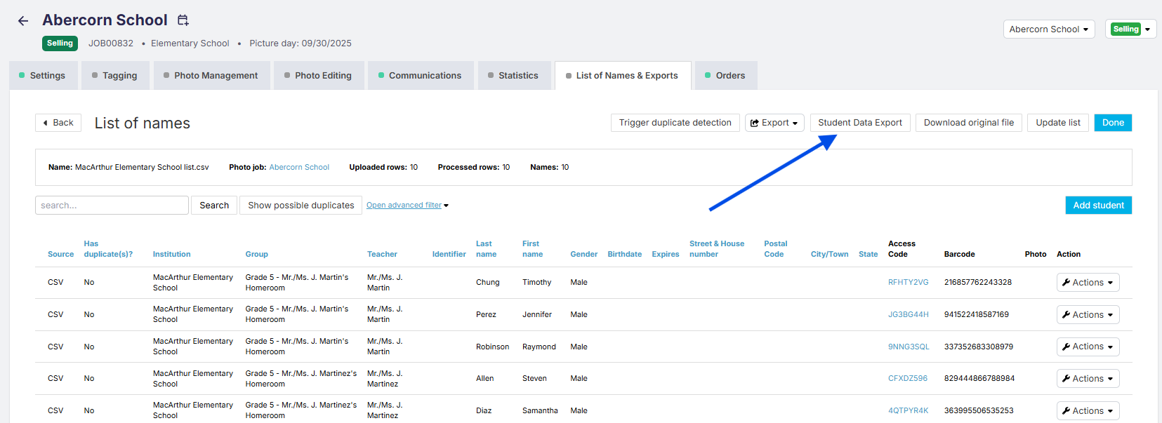 A screenshot highlighting the 'Student data export' button on the Job Names List page.