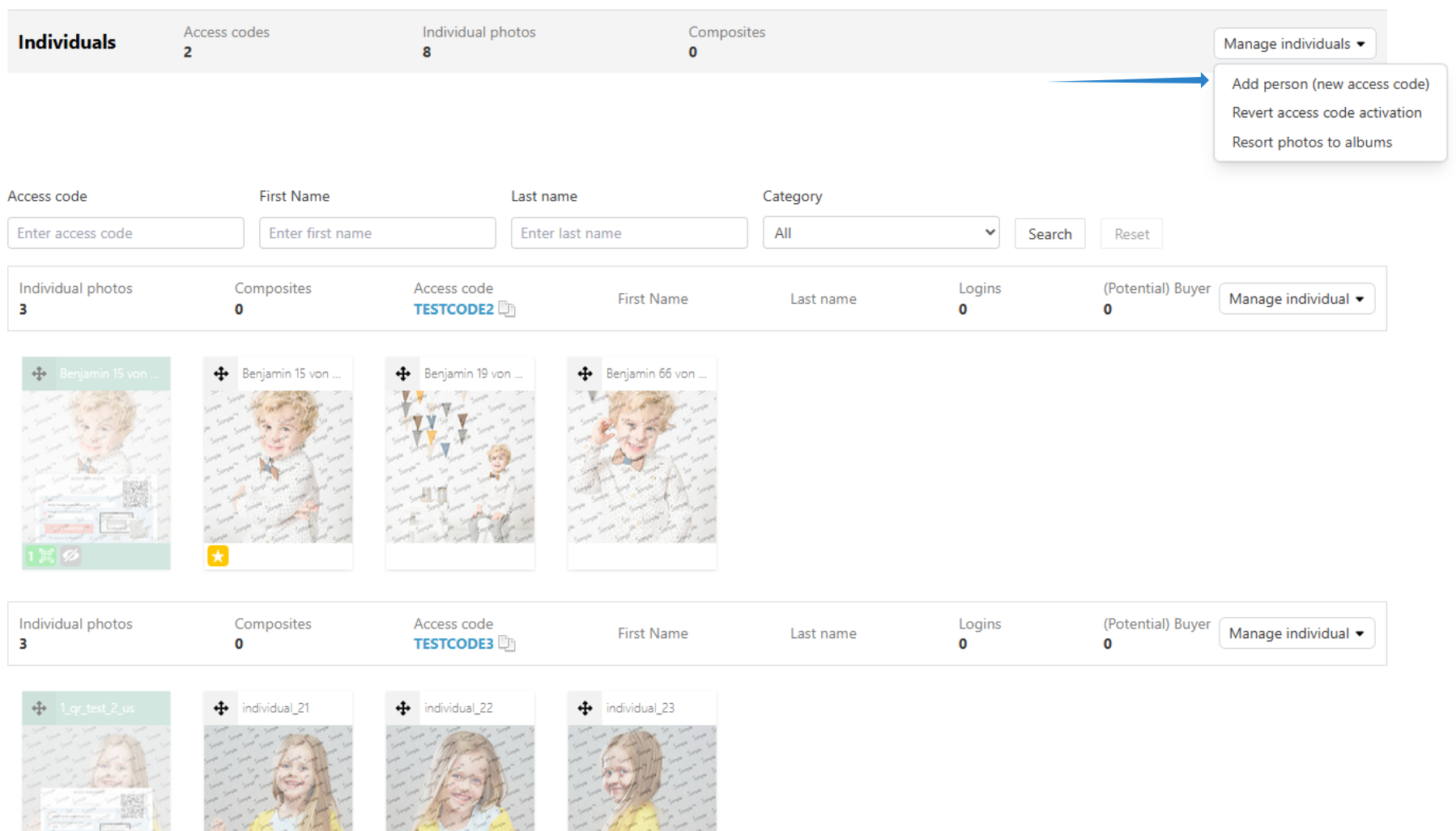 Dropdown showing the option to add a new person with a new access code.