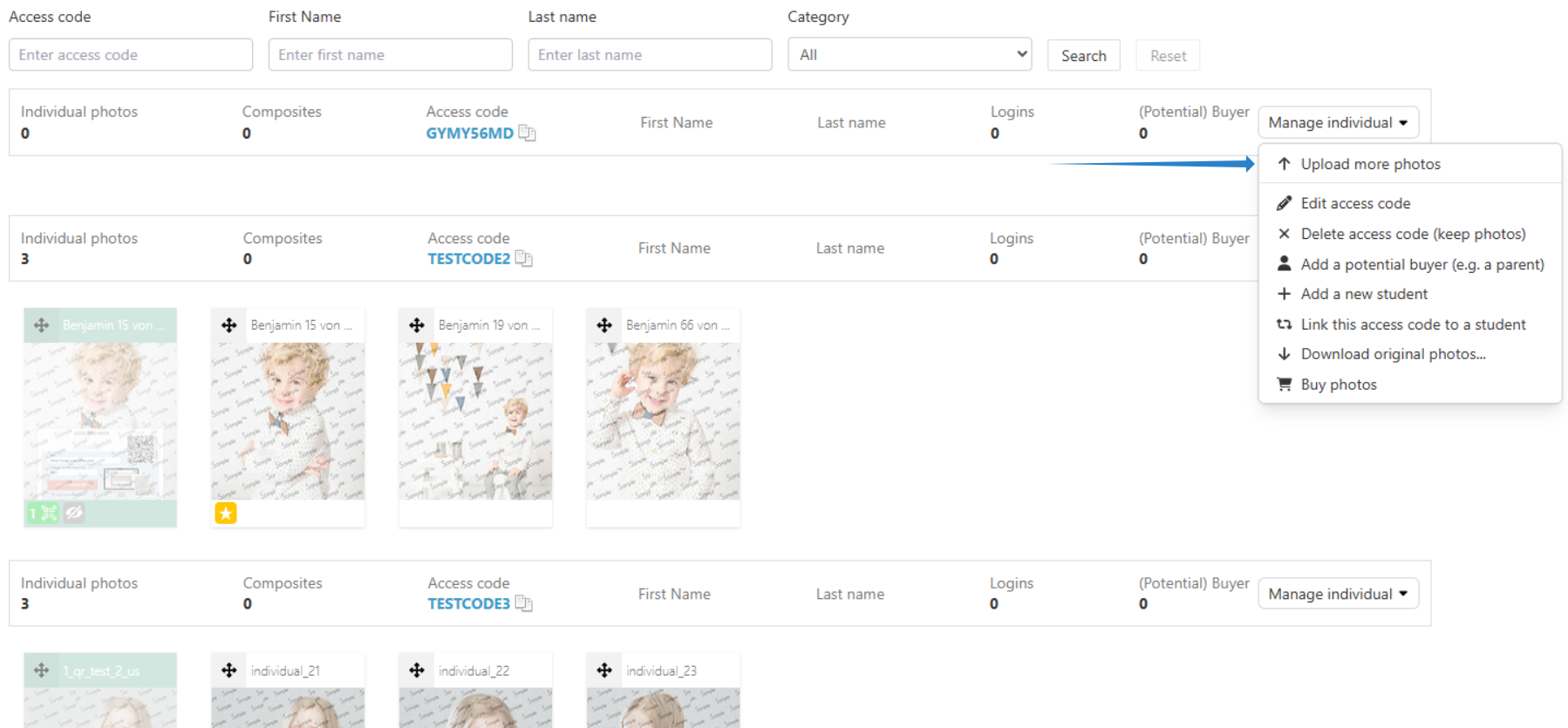 Option to upload more photos for a newly created access code.