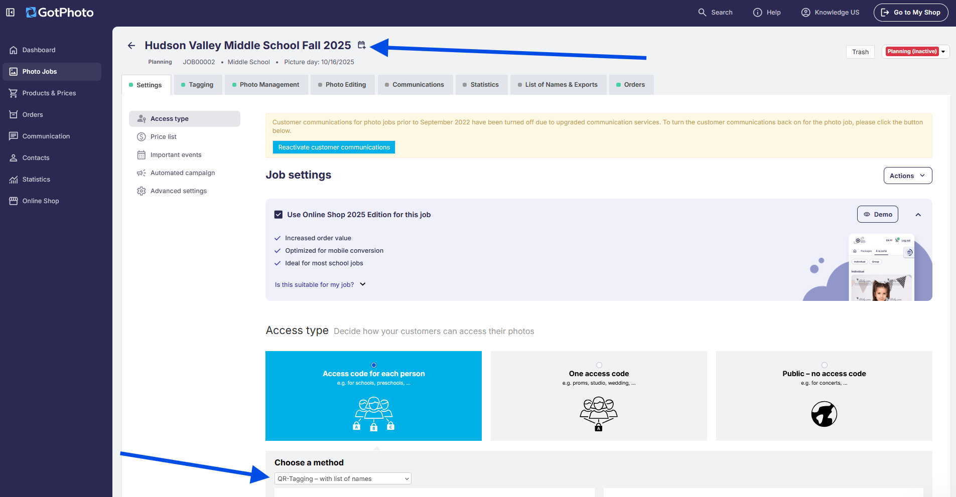 Blue '+ Add Makeup Day' button on the job settings page. This initiates the process to create a makeup photo session under an existing job.