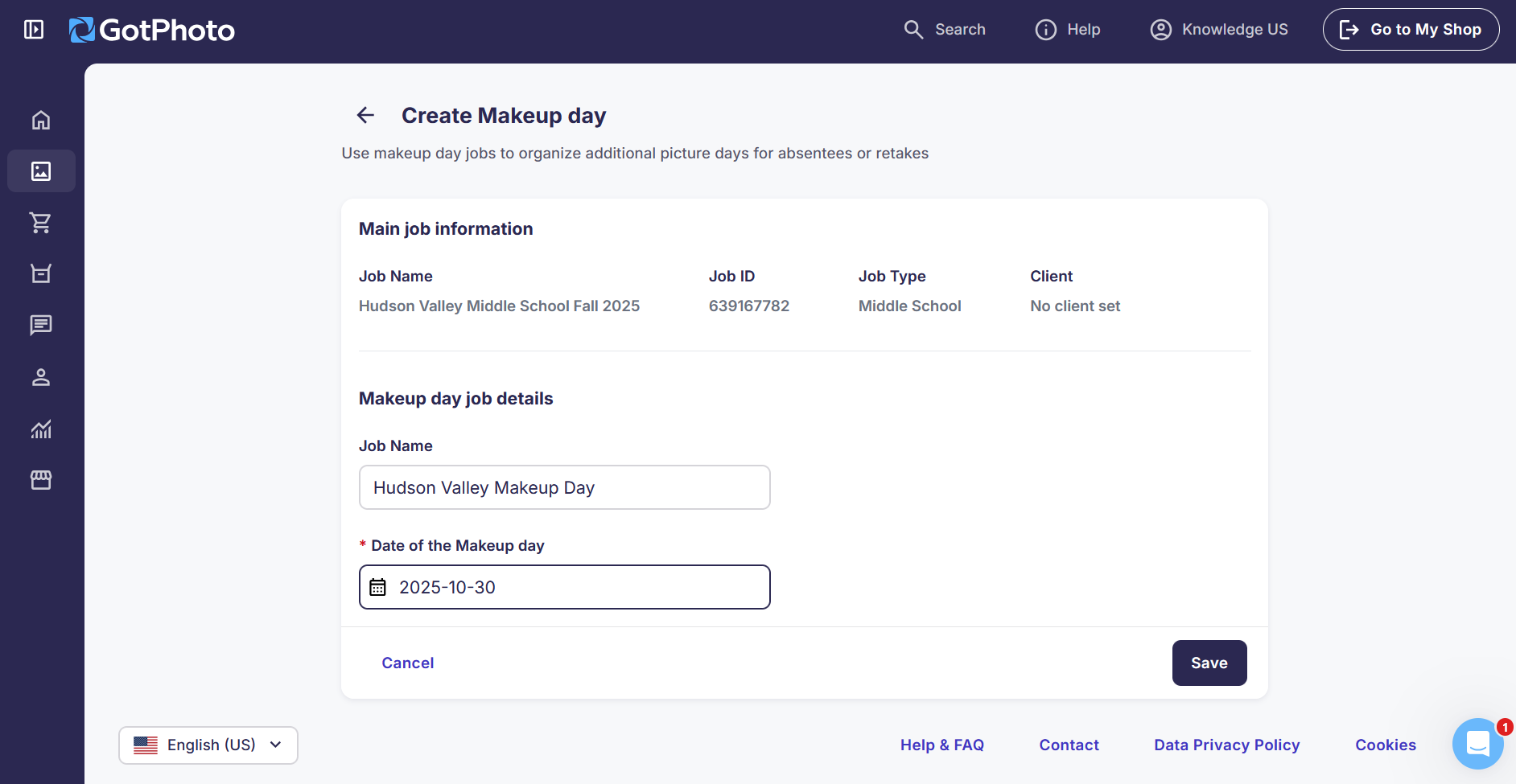 Makeup Day job creation screen with fields for job name and date. Example shown is 'Makeup Day - Oct 20'.