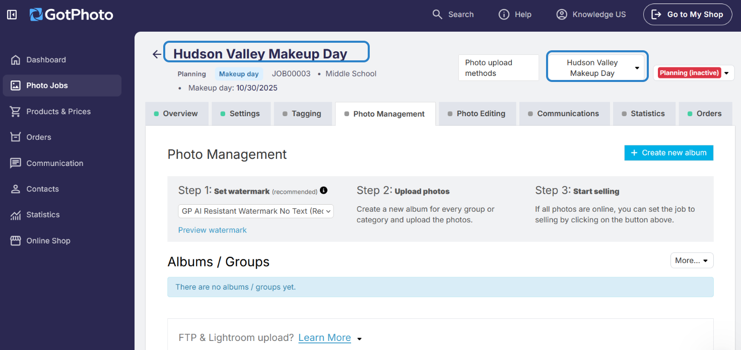 Photo management dashboard showing where to switch between main and Makeup Day sub-jobs before uploading images.