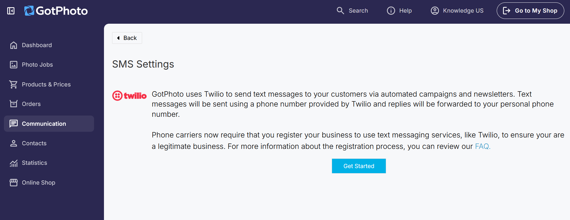 Get started button for SMS setup.
