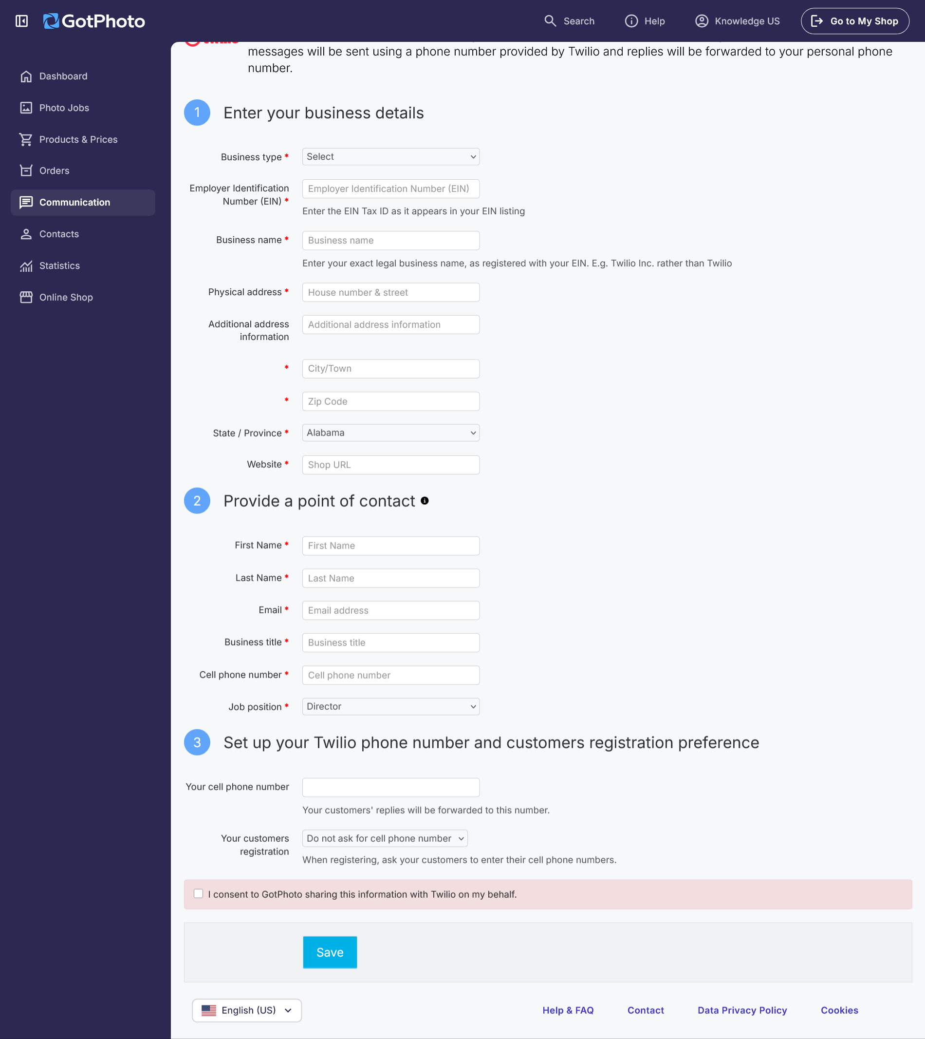 Form to enter business details.