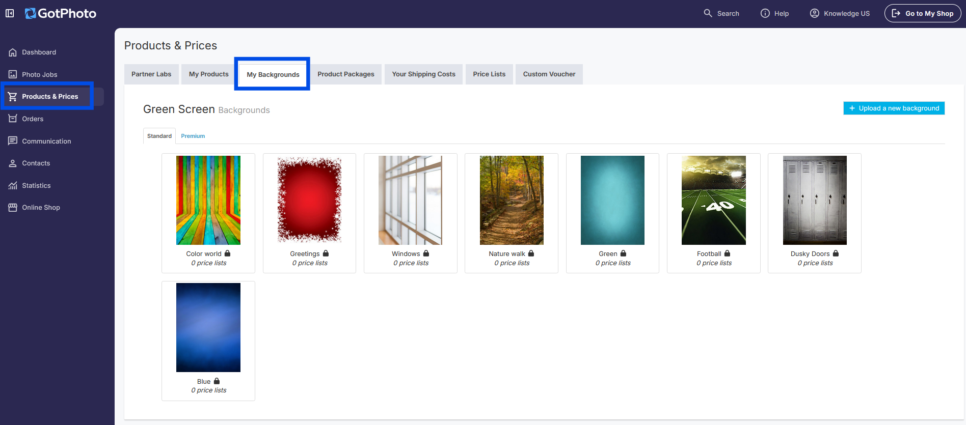 My Backgrounds tab showing the background management page