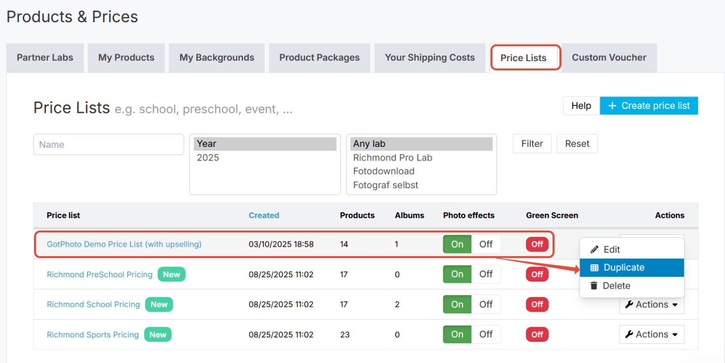 Open price profile via Actions → Edit