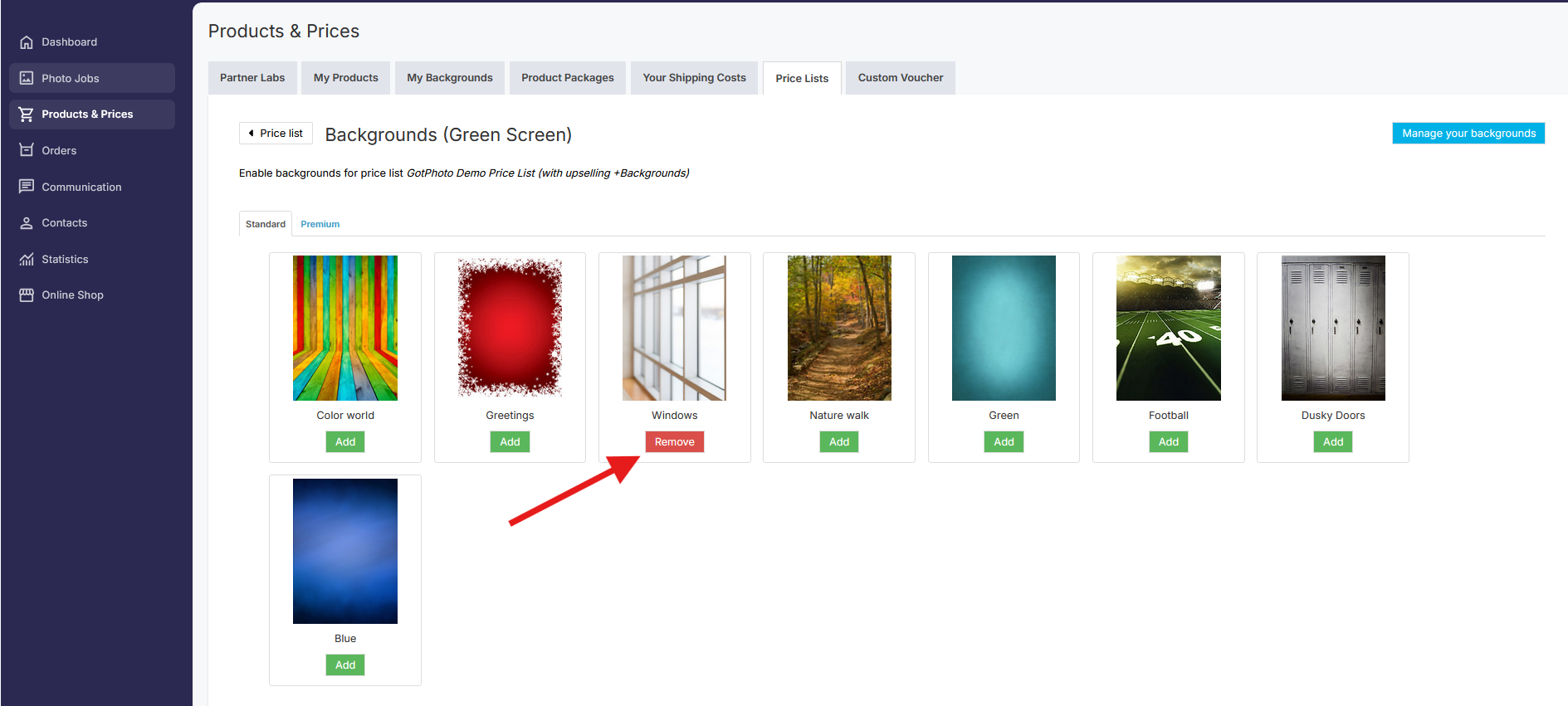 Background selection modal with Add buttons