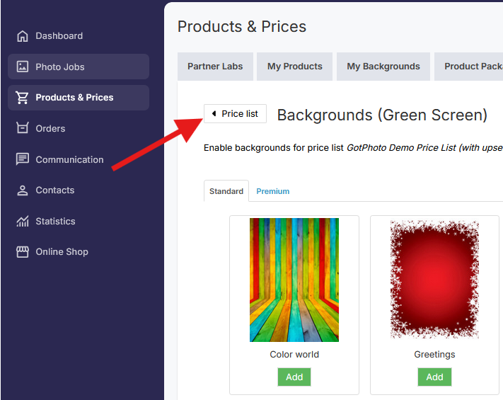 Return to the price profile overview