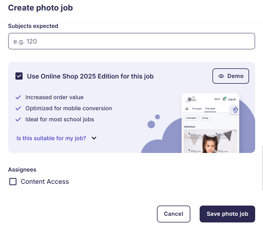 The GotPhoto job settings page, with a checkbox to select 'Use our Online Shop 2025 Edition for this job'
