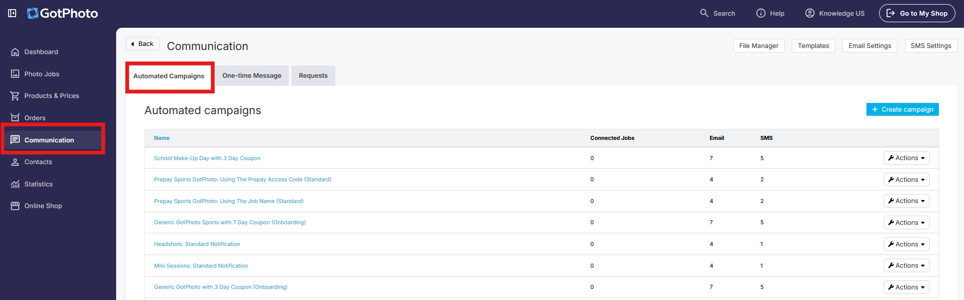 Automated Campaigns tab highlighted in sidebar