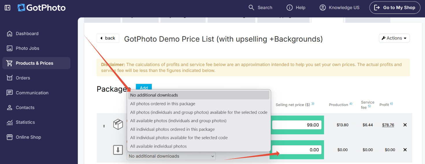 Selection of upsell download options and price input field.