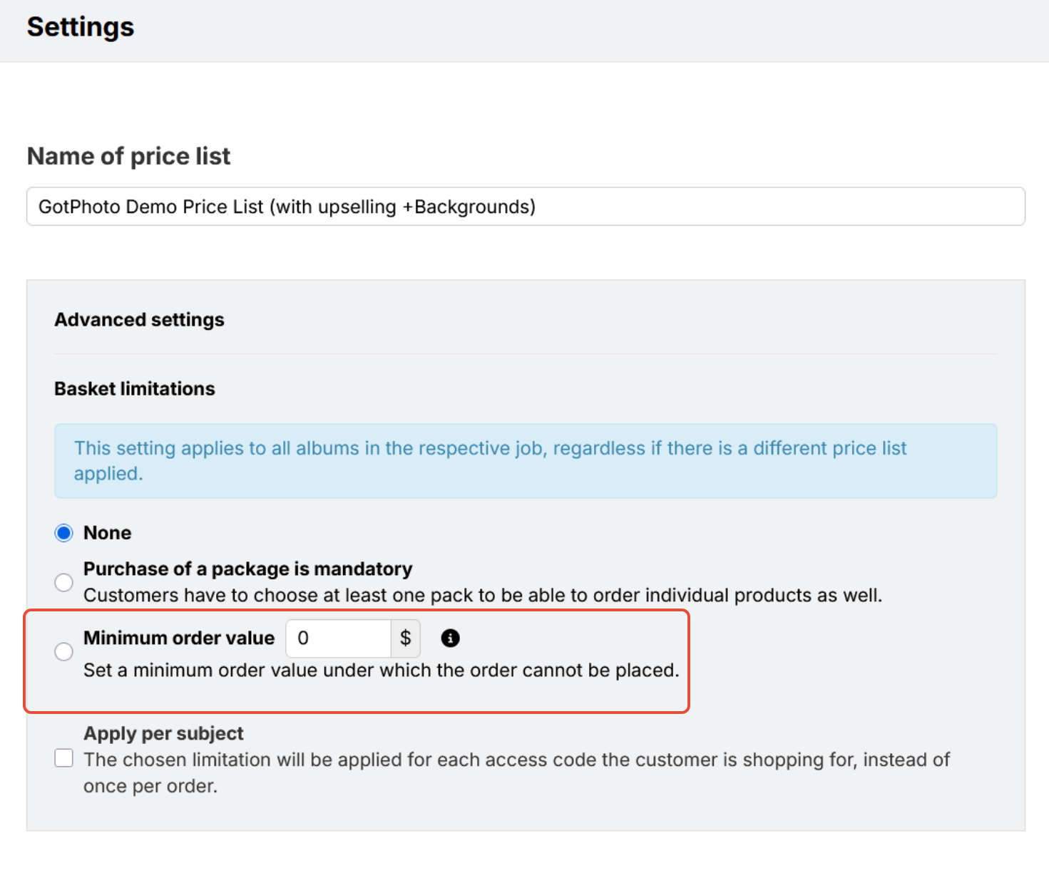 The price profile settings show the 'Basket limitations' section with the 'Minimum order value' option selected and an input field for the amount.