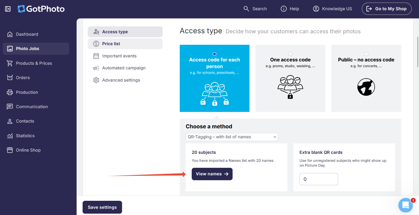 Manage names button in the Photo Job main settings page.