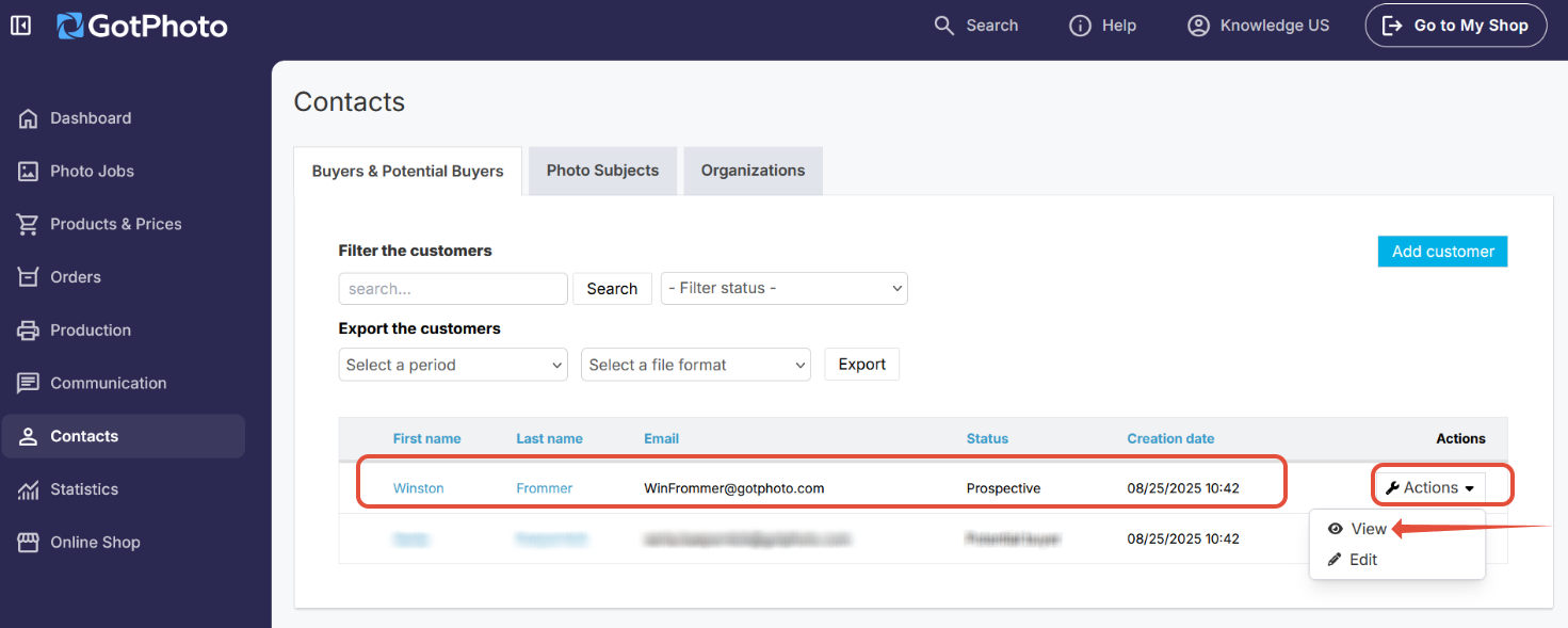 Buyers & Potential Buyers tab showing the View option in the Actions menu.