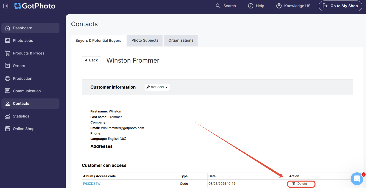 Buyer details page showing option to delete the incorrect access code.