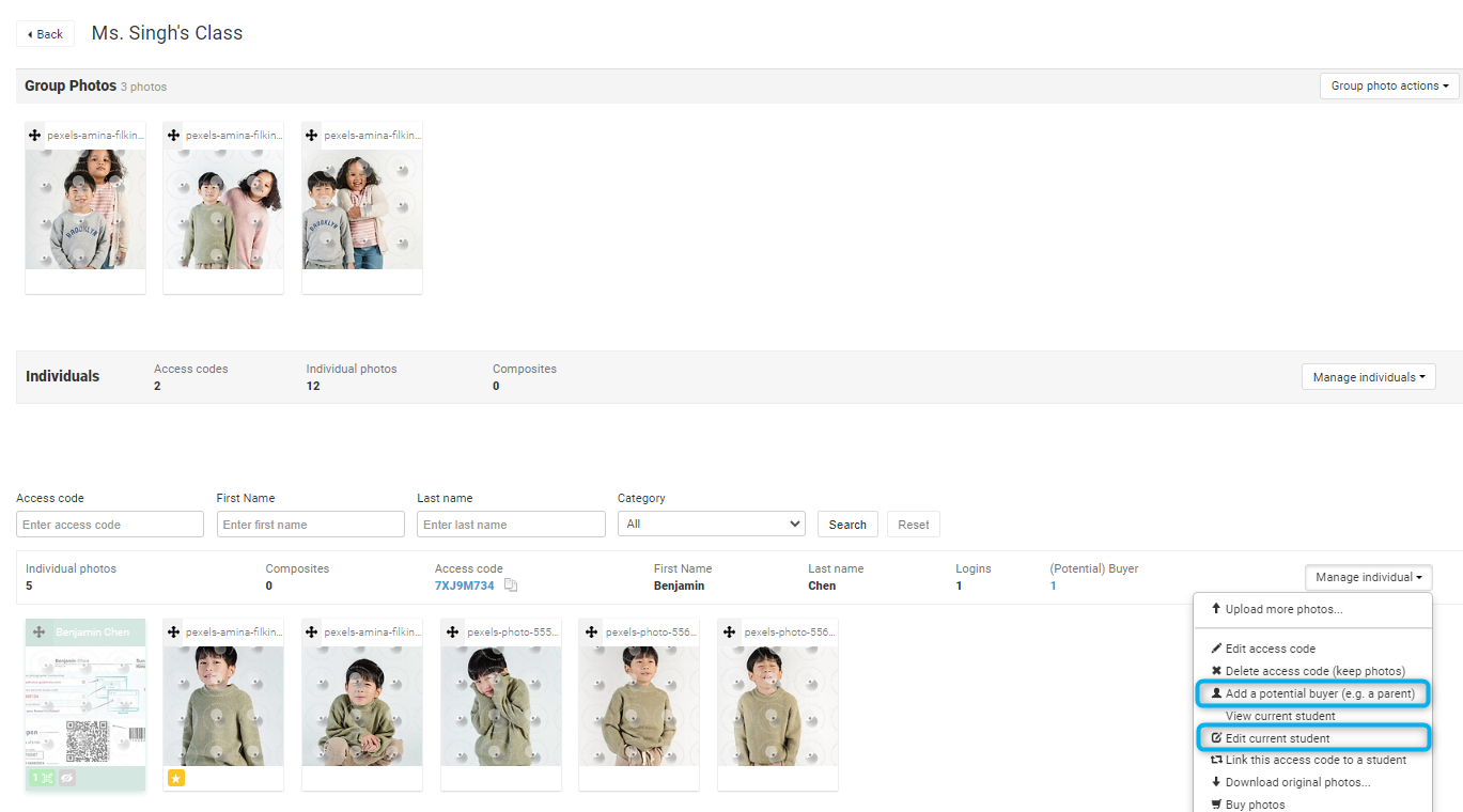 Manage individual dropdown with options to edit a student or add a potential buyer.