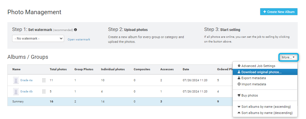 Download original photos option in the More dropdown menu.