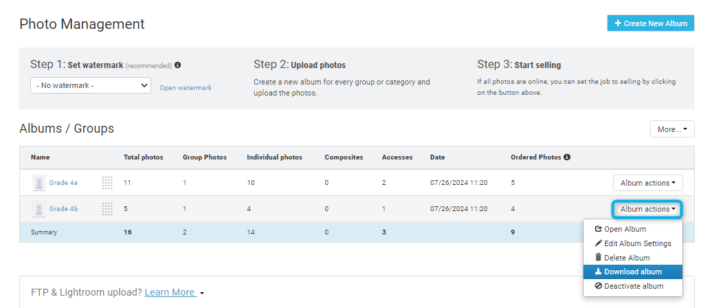Download album option in Album Actions dropdown.