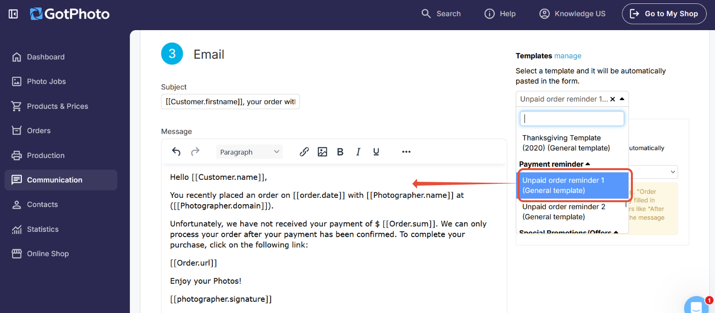 Example of pre-written unpaid order reminder template.