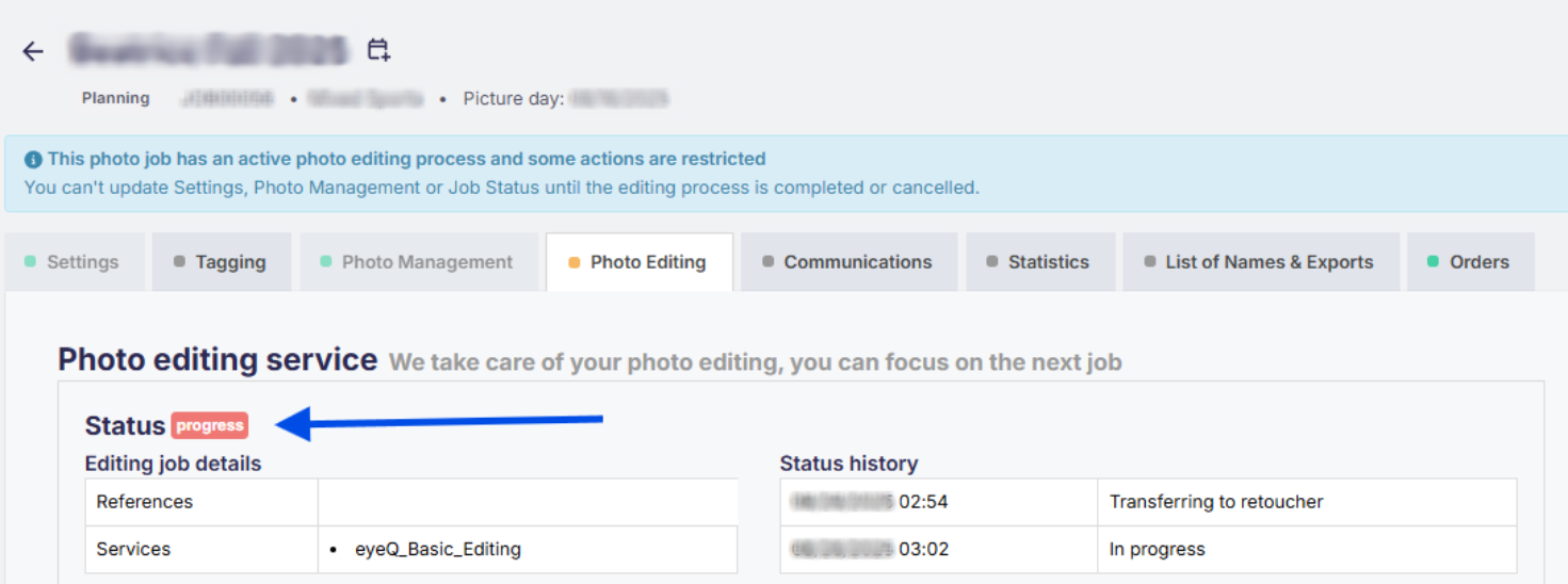 Processing status displayed in the editing tab