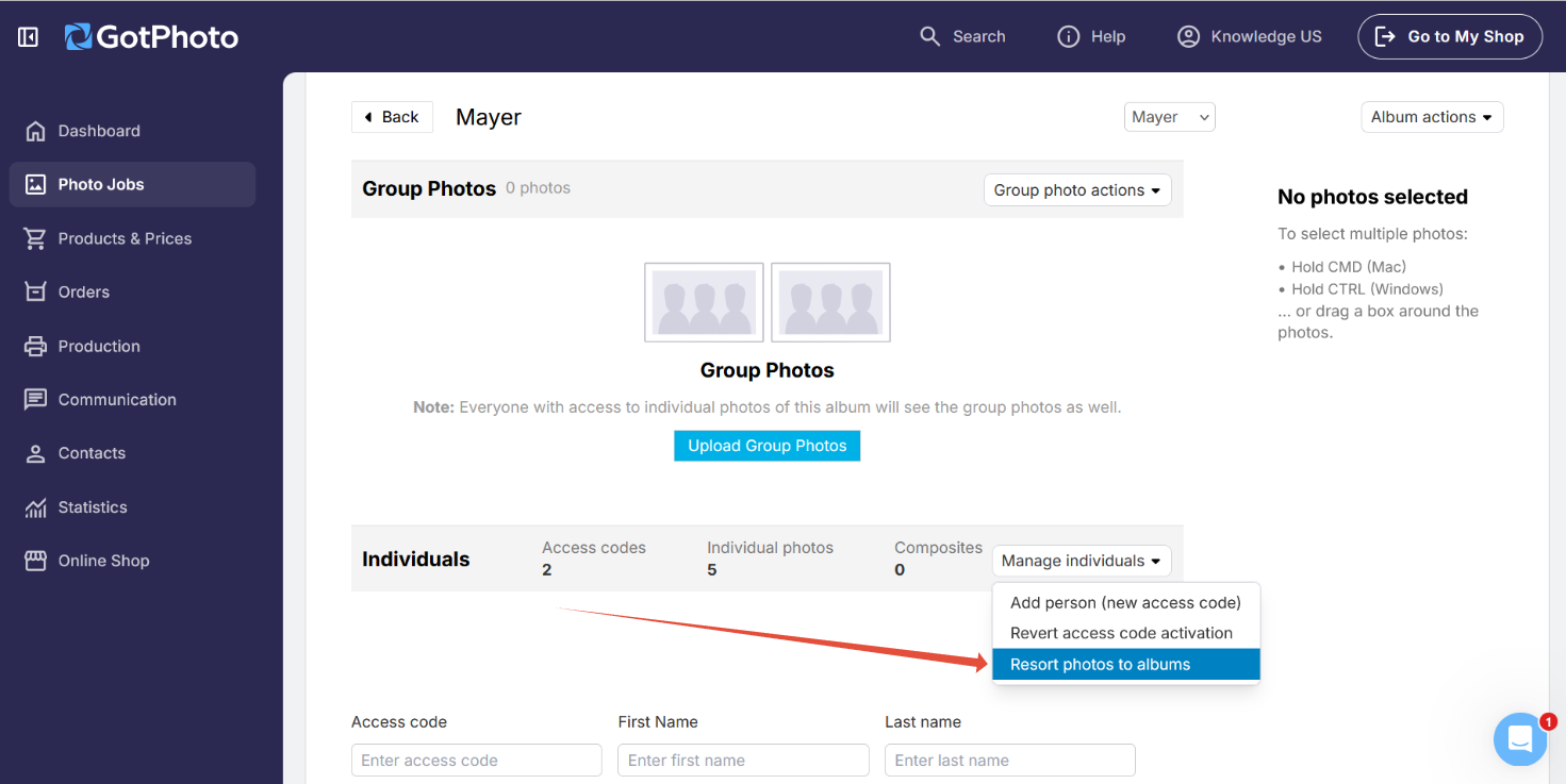 Screenshot of the GotPhoto interface showing the 'Resort photos to albums' option.