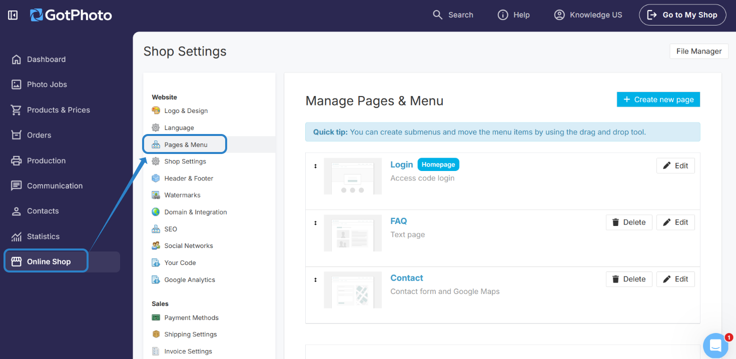 GotPhoto Online Shop — Pages & Menu screen location in left sidebar