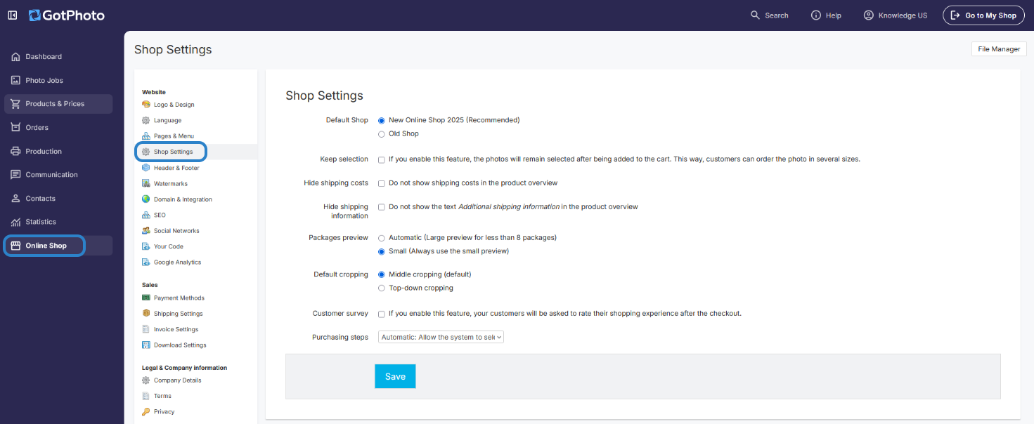 Screenshot of the Shop Settings page