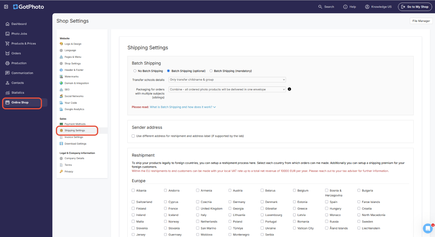 Shipping Settings page location in Online Shop