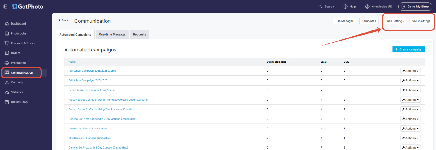 Communication page with Email Settings and SMS Settings buttons