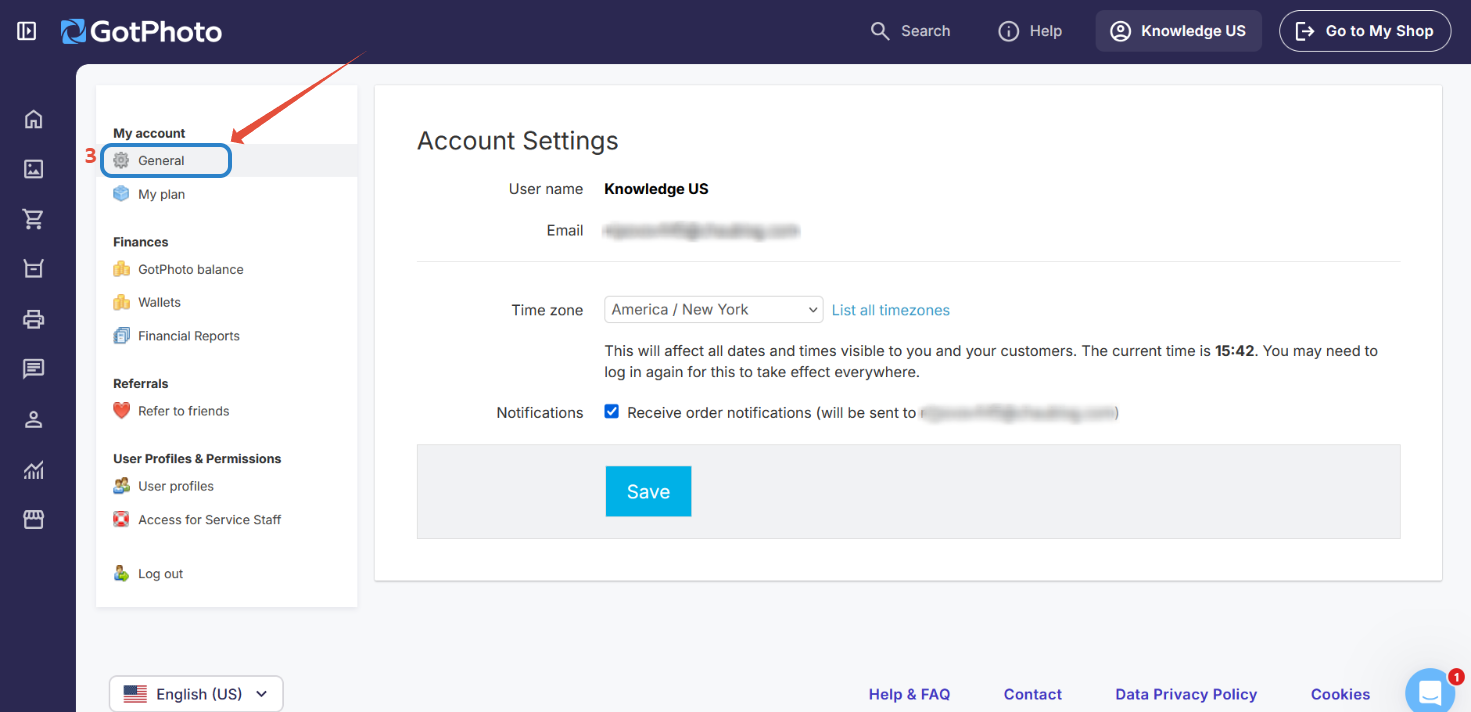 Account settings showing timezone and order notification options