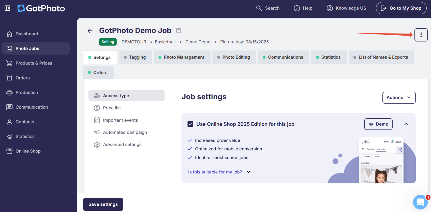 Status change options menu