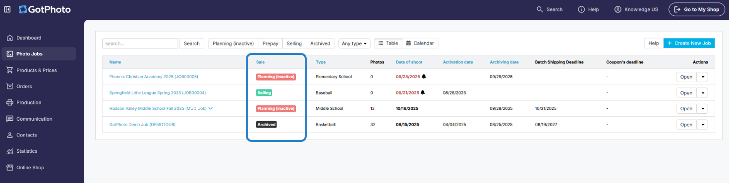 Job status in overview page