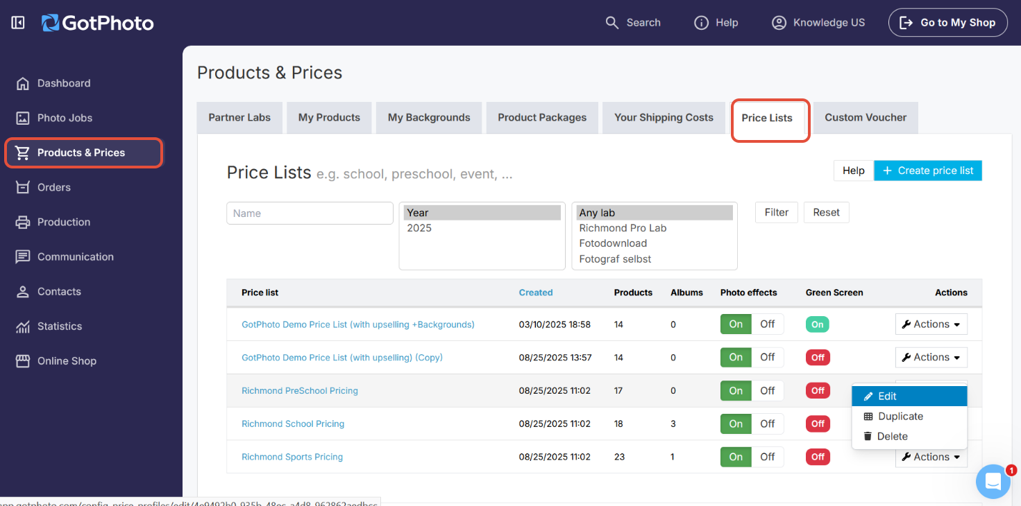 Edit price list from Actions dropdown