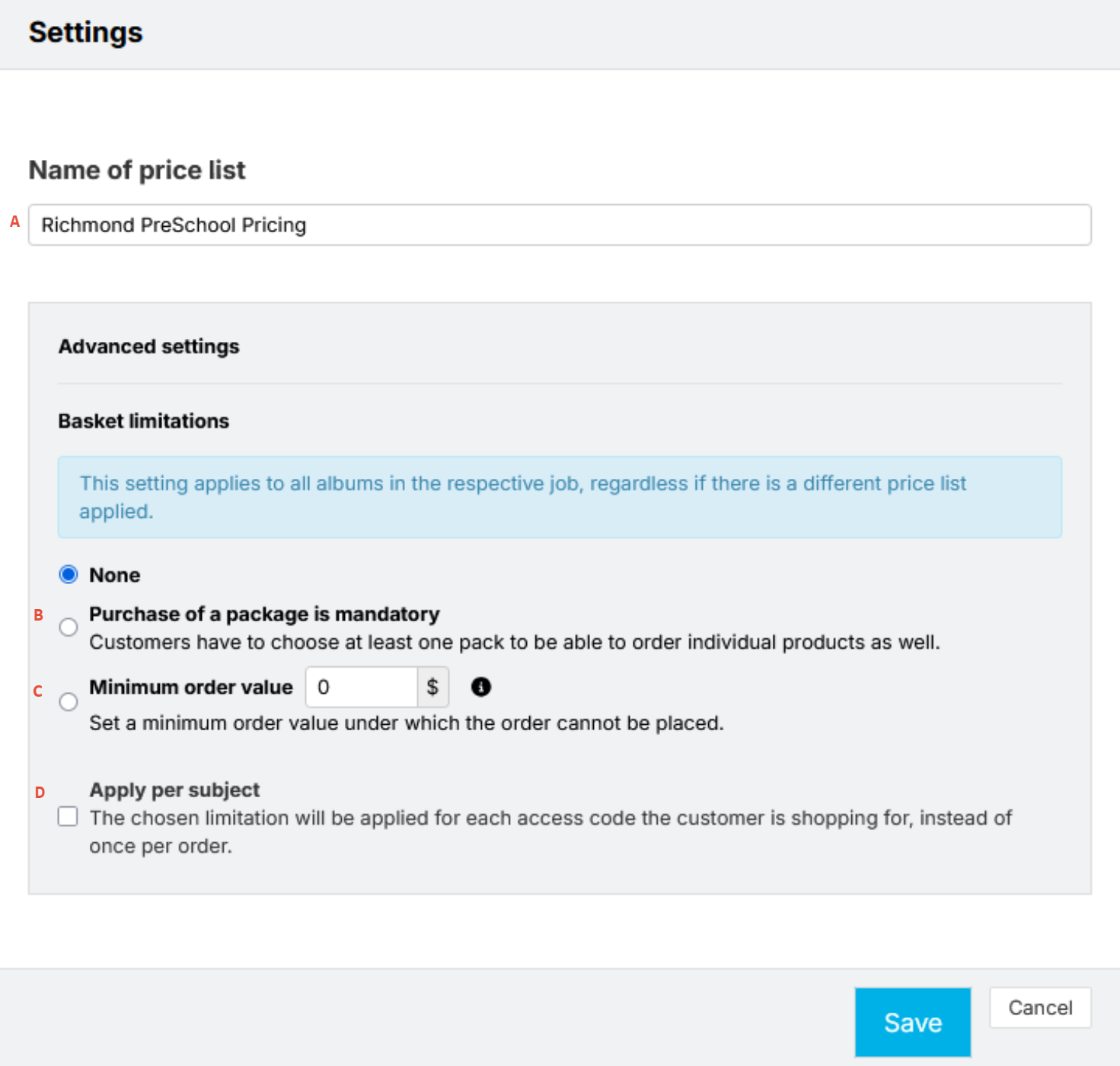 Price list settings view