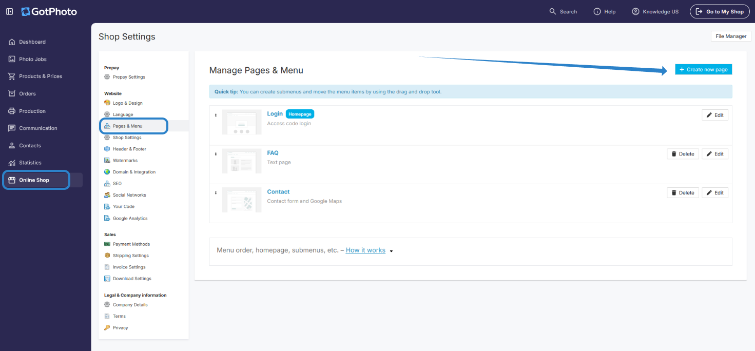 Pages & menu settings page