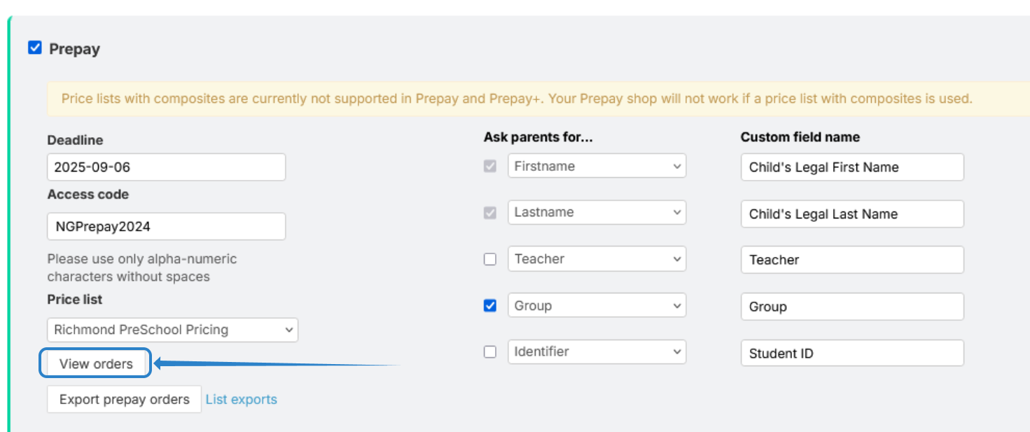 Prepay settings showing View orders and Export prepay orders buttons