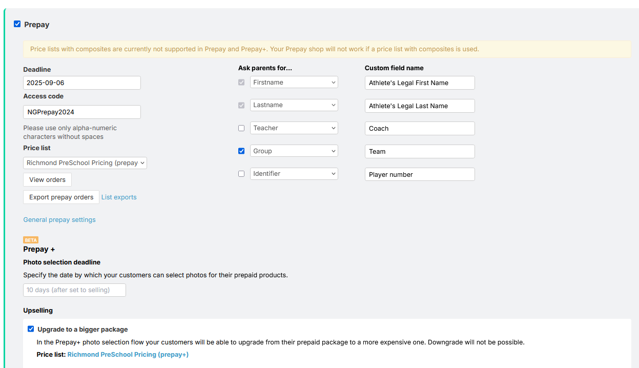 Job settings showing prepay toggles and deadlines