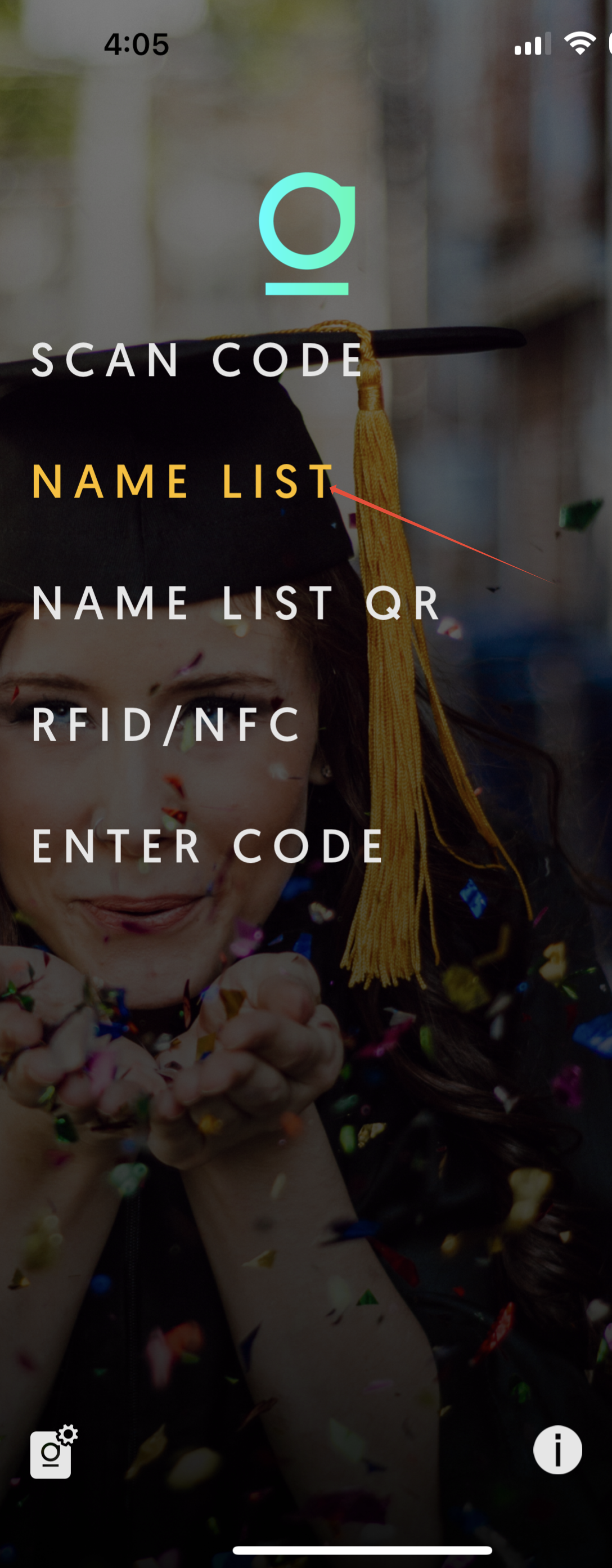 Entagged app main menu with Name List option highlighted