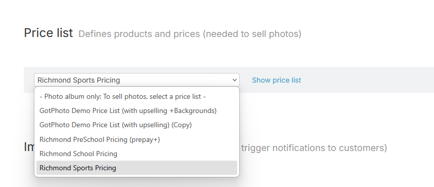 Selecting a price list on the job settings page