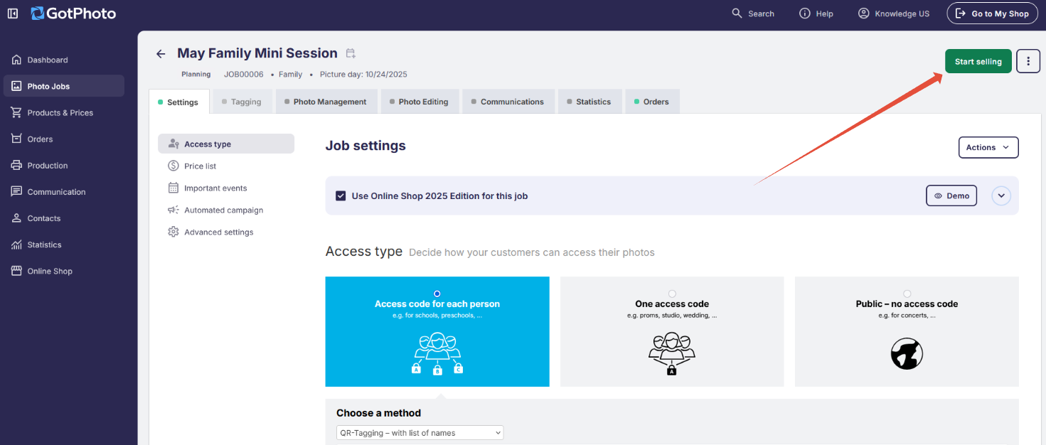 Selling toggle on the job settings page