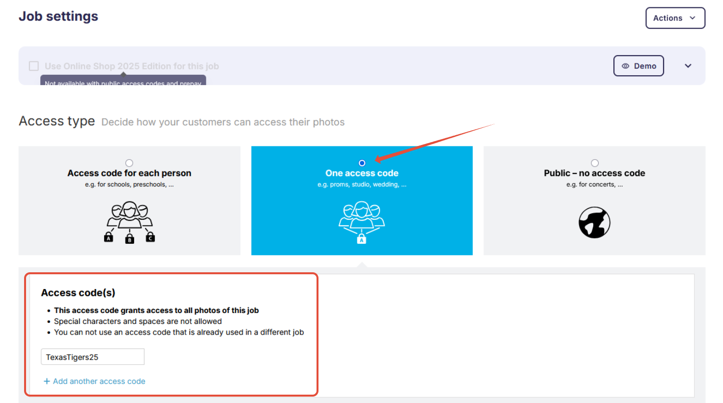 Job settings screen showing how to disable Online Shop 2025 Edition.